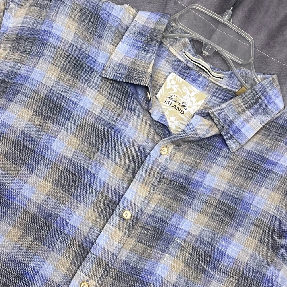 Tasso Elba Island Button Up Shirt Mens XL Blue Plaid Linen Cotton Excellent SS